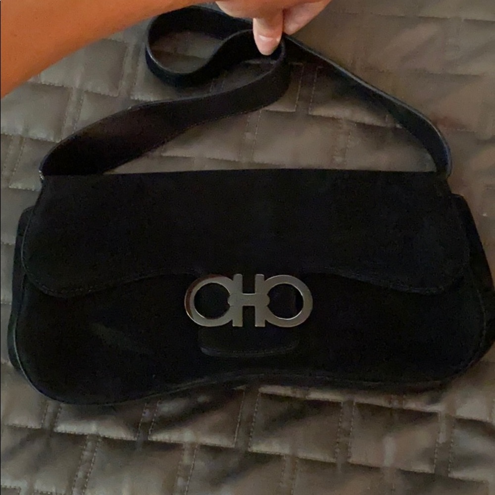 FERRAGAMO black suede evening bag
